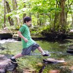 Boy Outdoors Jumping Across River Rocks in Woods