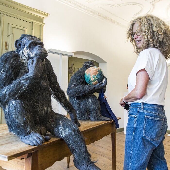 Eine Besucherin betrachtet die "Installation mit Affen als kritische Kunstbetrachter" von Irmela Maier