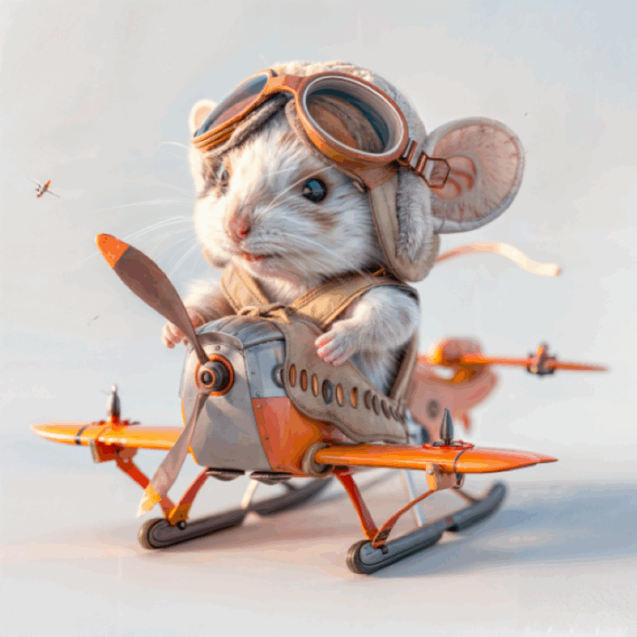 Eine Maus trägt eine Fliegerbrille und fliegt mit einem Flugzeug.