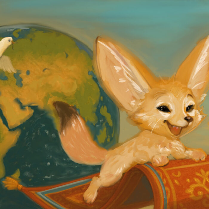 Alfulimux, der Wüstenfuchs fliegt auf einem Teppich um die Welt